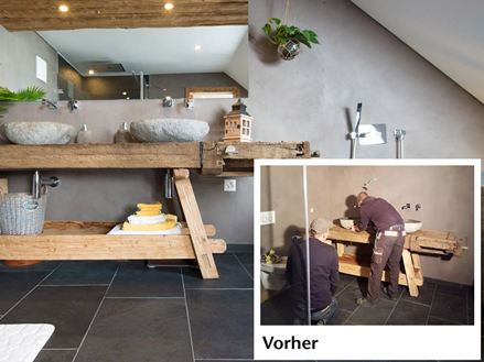 Obrázek před a po renovaci koupelny s břidlicovými dlaždicemi