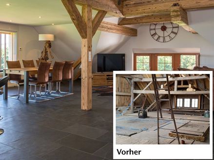 Obrázek před a po renovaci s břidlicovou dlažbou v obývacím pokoji