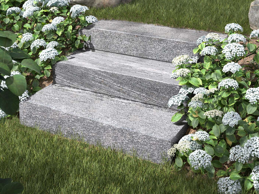 Blokové schody Gneiss Urban Grey Line s květinami a trávníkem