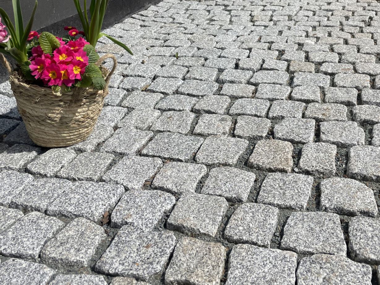 Světlé dlažební kostky mají moderní vzhled s rustikálním nádechem. Fotografie zákazníka Dlažební_kamenivo_granit Silver_Rustice_driveway_near_flowers