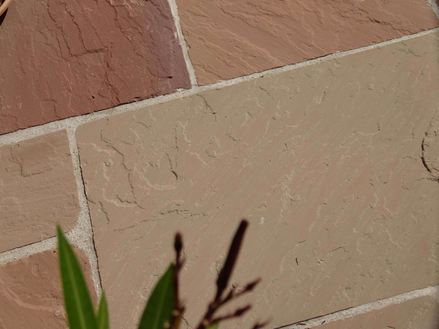 Větev vyčnívá na terasu z načervenalých pískovcových desek.