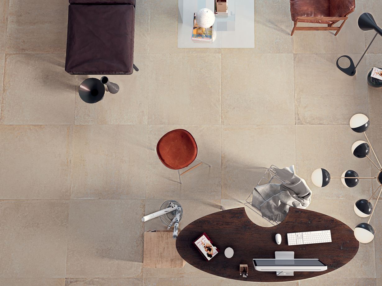 Pure Sand: harmonický, světlý efekt Obývací pokoj s dlaždicemi Pure Sand