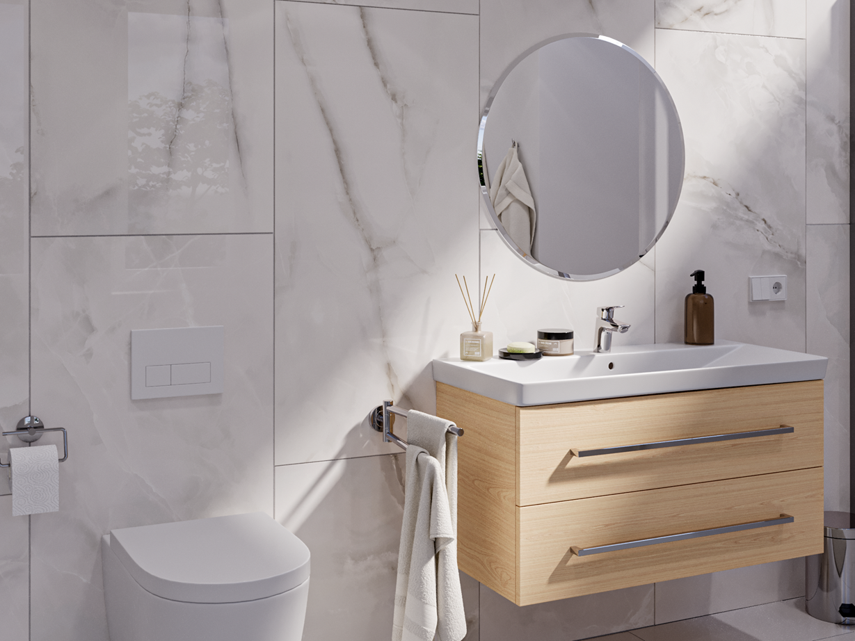 Snadno udržovatelné dlaždice jsou ideální pro stěny Mramorový vzhled umyvadla Perla Crema WC