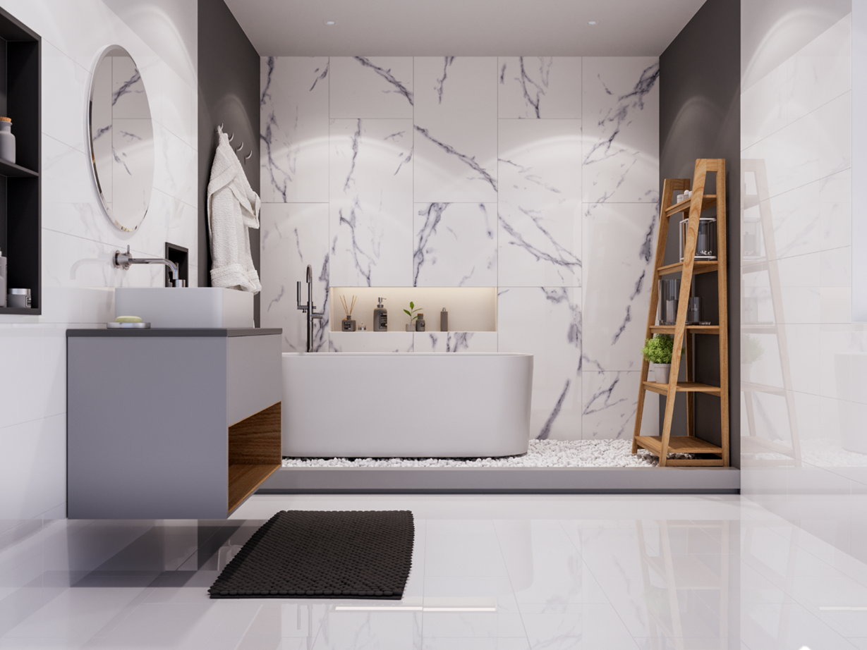 Elegantní vzhled stěny v koupelně: Perla White marble look PerlaBiancaintBrilliantWhite Velká koupelna