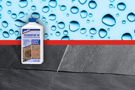 Lahvička s impregnací před břidlicovými dlaždicemi a grafika s kapkami vody