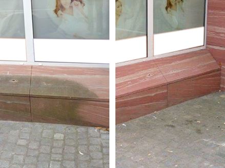 Pískovcová fasáda před a po odstranění zeleného nátěru