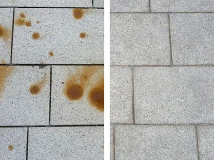 Čištění žulových desek se skvrnami od rzi Před a po srovnání