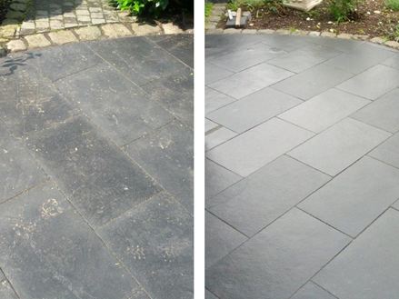Porovnání čištění břidlicové dlažby na terase před a po čištění