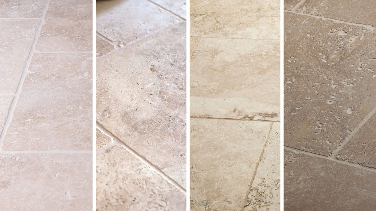 Tromlovaný travertin může mít mnoho tváří: Travertin Light, Medium, Rustic a Noce pro srovnání (zleva doprava)