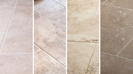 Tromlovaný travertin může mít mnoho tváří: Travertin Light, Medium, Rustic a Noce pro srovnání (zleva doprava)