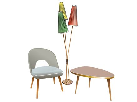 Typický retro nábytek: stojací lampa s pestrobarevnými stínidly a ledvinkami.